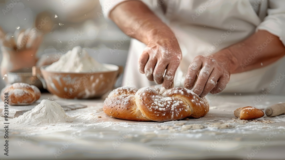 A baker's hands shape a pretzel dough into a knotted masterpiece in a vibrant illustration. A baker's hands shape a pretzel dough into a knotted masterpiece in a vibrant illustration.