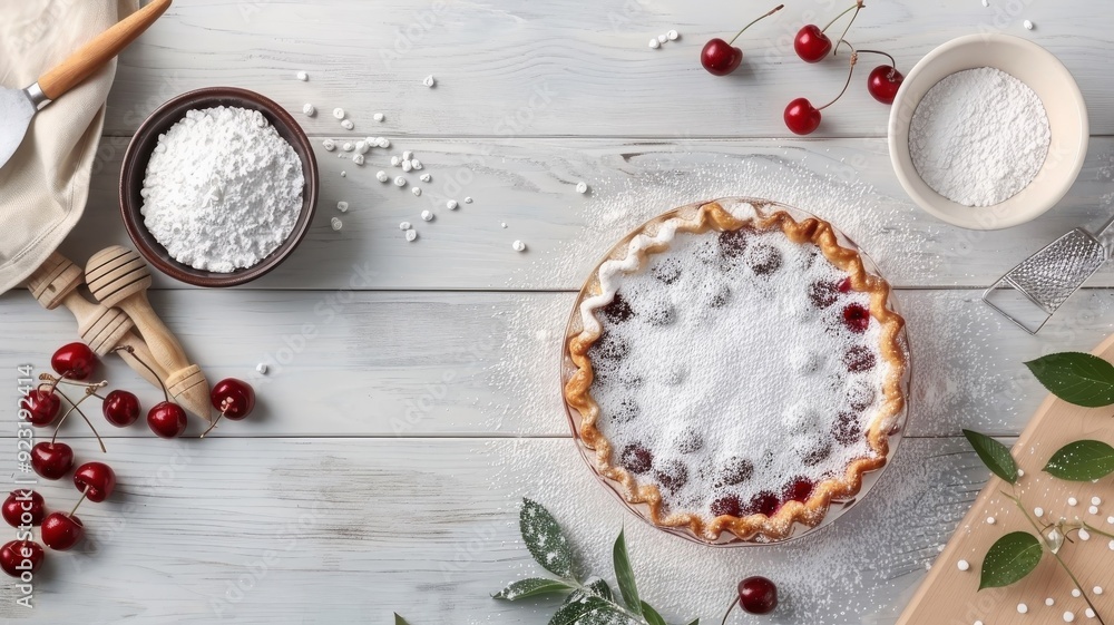 A warm, flaky cherry pie on a rustic wooden table. A warm, flaky cherry pie on a rustic wooden table.