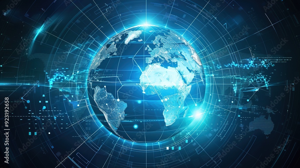 Futuristic digital globe with glowing lines and data. Futuristic digital globe with glowing lines and data.