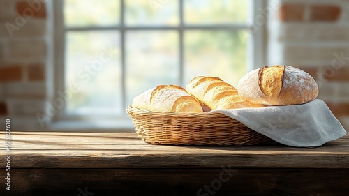 Dramatic chiaroscuro image of freshly baked bread on a wooden table.