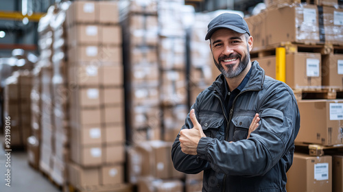 A delivery worker in uniform standing in front of a tall stack of cardboard boxes, giving a thumbs at warehouse