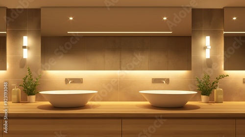 From different perspectives, rectangular light fixtures exude a minimalist chic, complementing the clean lines and modern design of the washroom.