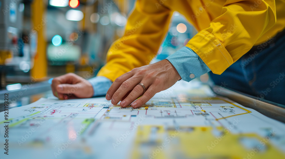 Fototapeta premium Close-up of an auditor analyzing a flowchart of the production process, pointing out critical control points