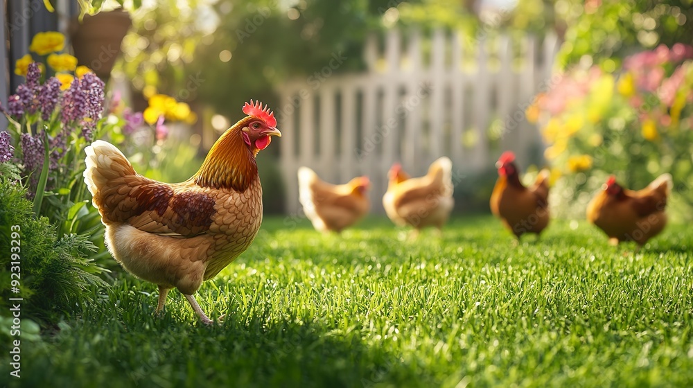 Fototapeta premium Chickens walking on a lush green lawn while their owner has chickens in the backyard.