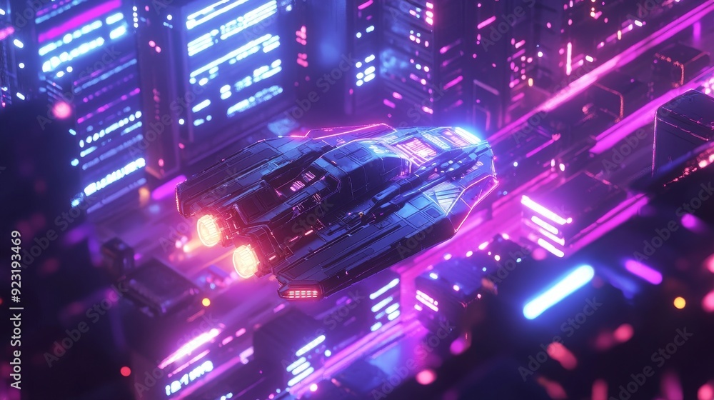 Futuristic Spaceship in Neon City