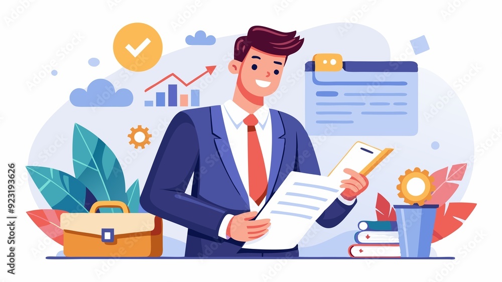 A businessman represents the culmination of planning and negotiation, symbolized by the contract. His focus signifies the importance of understanding agreements A businessman represents the culmination of planning and negotiation, symbolized by the contract. His focus signifies the importance of understanding agreements