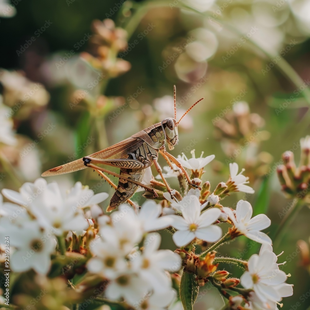 small grasshopper eating nectar of white flowers in the garden small grasshopper eating nectar of white flowers in the garden