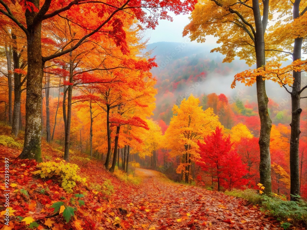 Vibrant orange, yellow, and red leaves blanket the forest floor and adorn trees amidst misty fog on a crisp autumn morning in the mountains. Vibrant orange, yellow, and red leaves blanket the forest floor and adorn trees amidst misty fog on a crisp autumn morning in the mountains.