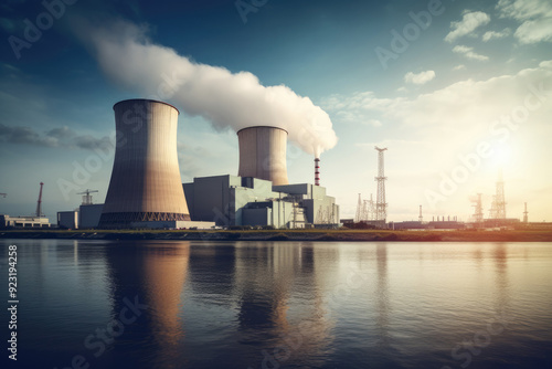 Nuclear power plant in natural landscape background