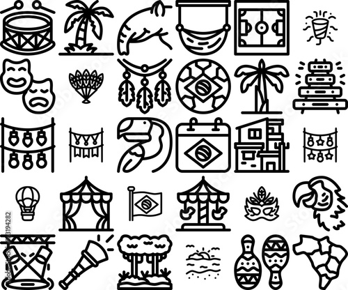 A Collection Of Brazil Outline Isolated Silhouette Solid Icons With Accessory,Percussion,Music,Celebration,Musical-Instrument Simple Black Style Symbol Sign For Apps And Website, Vector Illustration