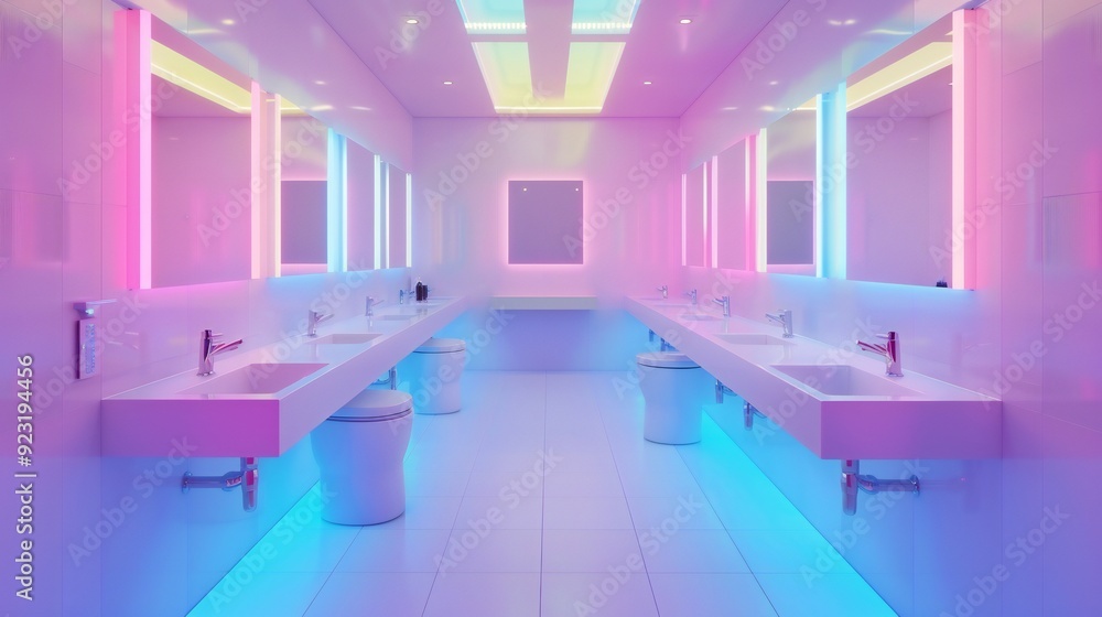 From various angles, the washroom comes alive with geometric brilliance as rectangular lights create captivating patterns on the surfaces. From various angles, the washroom comes alive with geometric brilliance as rectangular lights create captivating patterns on the surfaces.