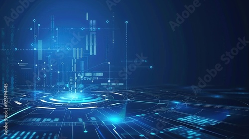 Futuristic digital interface with glowing lines and circles on blue background.