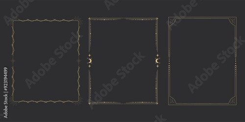 Gold celestial minimal esoteric frame, thin line border, mystyc linear decoration with dots, moon, stars corners isolated on dark background. Geometric shape, tarrot  photo