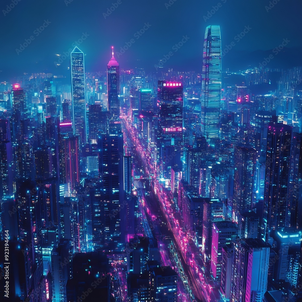 Obraz premium A wide-angle view of a city skyline at night, digitally enhanced with vibrant neon lights