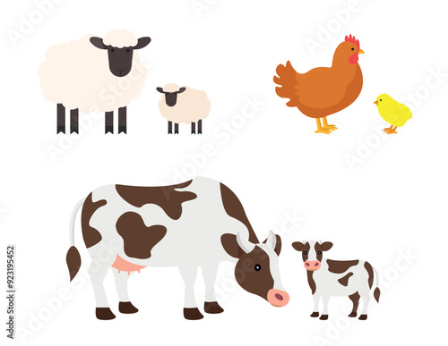 Cute farm animals set on white background. Cow, chicken, chick, pig, sheep. Vector illustration.