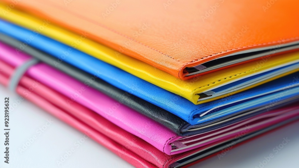 Color-coded notebook covers in a stack, ideal for organizing subjects or projects Color-coded notebook covers in a stack, ideal for organizing subjects or projects