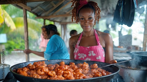 Woman in Pink Apron Stirring a Pan of Food photo