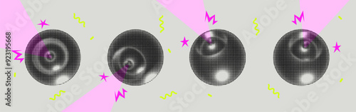Futuristic design speaker color halftone effect. Y2k retro set of tech devices. Vector illustration.