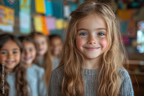 Wallpaper Mural In a classroom filled with bright colors and laughter, a child in a school uniform stands with friends and a teacher, educational tools and posters in the background. Torontodigital.ca