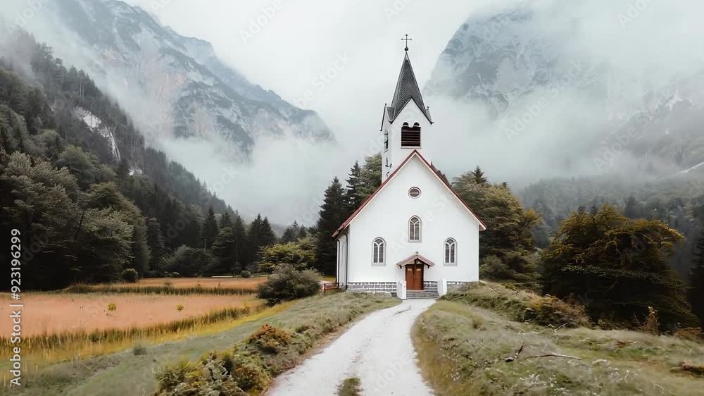 Serene mountain church surrounded misty Serene mountain church surrounded misty