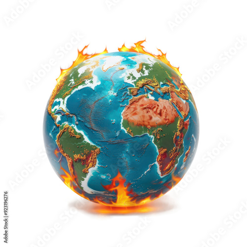 globe earth on fire climate change concept map side view isolate on transparency background #923196276