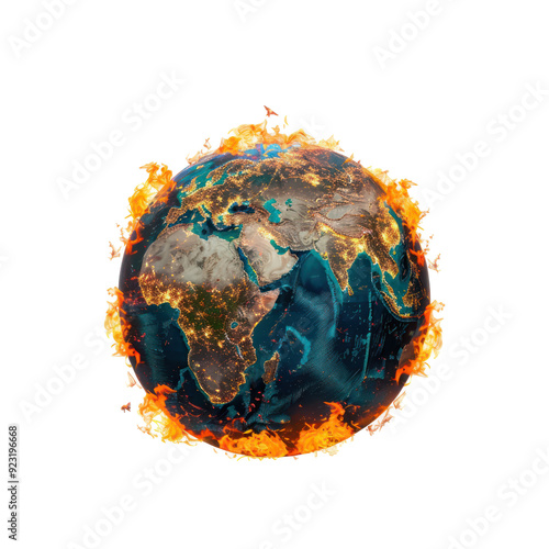 globe earth on fire climate change concept map front view isolate on transparency background #923196668