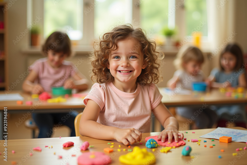 Fototapeta premium Smiling four year old girl playing with playdough in kindergarten classroom