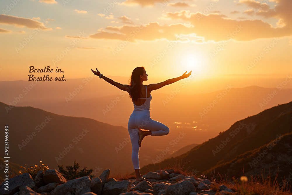 Woman practicing tree pose on mountain top at sunrise Woman practicing tree pose on mountain top at sunrise