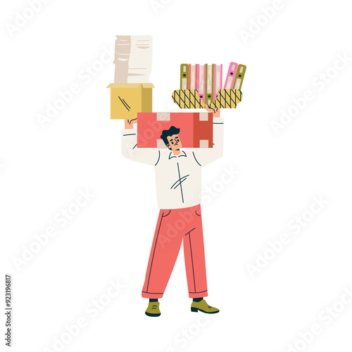 Multitasking Man Character Doing Multiple Task Carry Folder and Document Vector Illustration