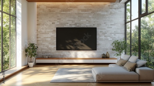 Wallpaper Mural Modern Living Room with Empty Smart TV Screen, Sleek Furniture and Cozy Atmosphere Torontodigital.ca
