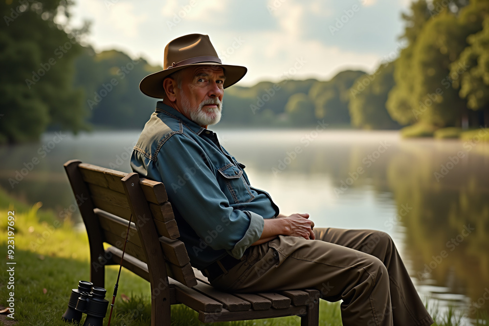 Elderly man sitting on bench by tranquil lake in nature Elderly man sitting on bench by tranquil lake in nature