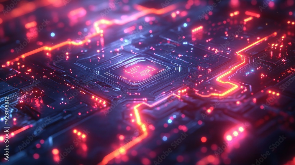 Obraz premium Futuristic, high-tech circuit board illuminated by vibrant neon lights.