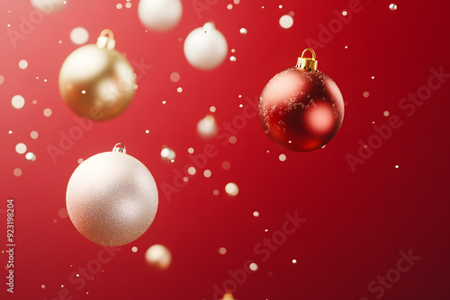 red solid background with a few flying golden and whie christmass balls