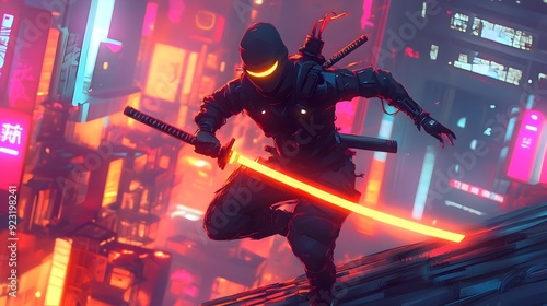 Ninja Warrior Sprinting Across Neon-Lit Futuristic Rooftops with Glowing Katana Blade