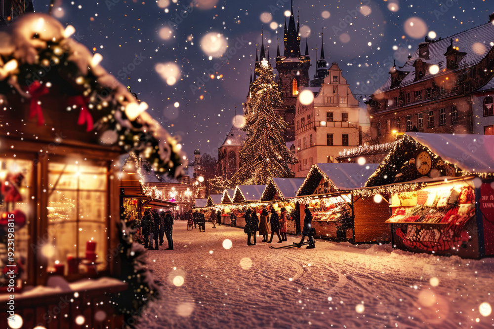 Fototapeta premium A bustling Christmas market with stalls selling festive goods, people drinking hot cocoa, and colorful lights strung above, creating a lively holiday atmosphere 
