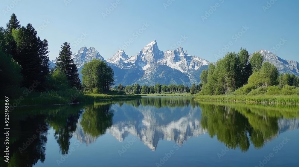 Breathtaking view of the Grand Tetons with a clear lake reflection. Perfect for adding text or logos Breathtaking view of the Grand Tetons with a clear lake reflection. Perfect for adding text or logos