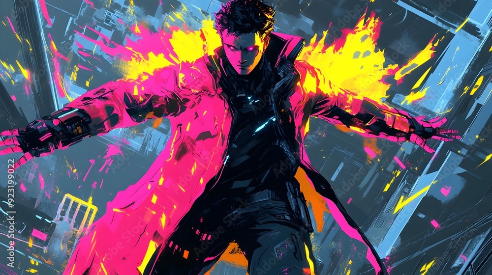 Fototapeta premium Cyber-Augmented Anime Man in High-Tech Dramatic Flaring Coat with Vibrant Colors