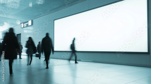 Blurry commuters walking past a large blank billboard in a subway station. photo