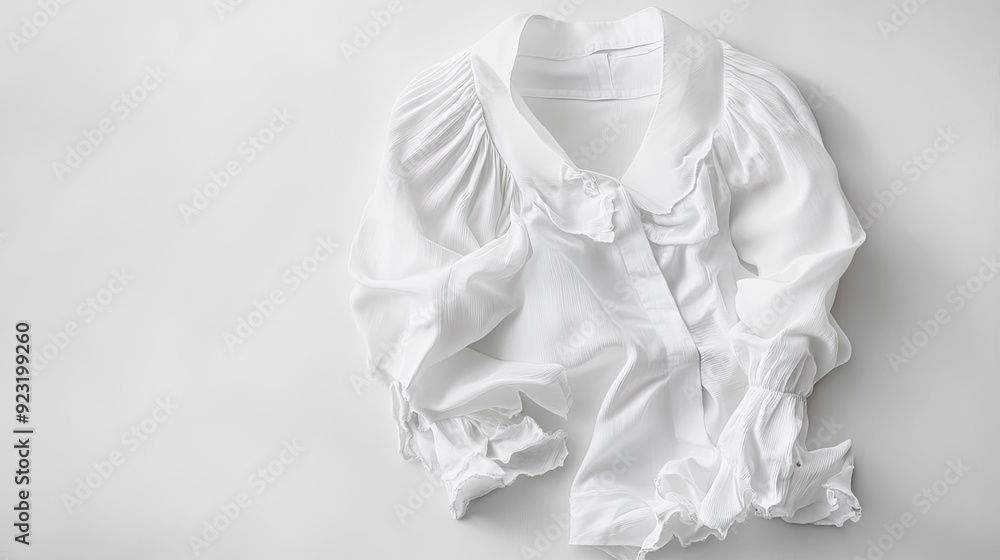 Classic white blouse with ruffled sleeves on a plain backdrop. Copy space at the top for branding Classic white blouse with ruffled sleeves on a plain backdrop. Copy space at the top for branding