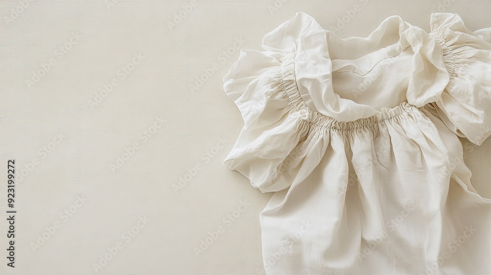 Classic white blouse with ruffled sleeves on a plain backdrop. Copy space at the top for branding Classic white blouse with ruffled sleeves on a plain backdrop. Copy space at the top for branding