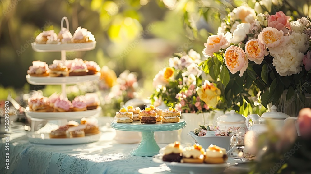 Afternoon Tea Party Setup with Delicate Pastries and Roses Afternoon Tea Party Setup with Delicate Pastries and Roses