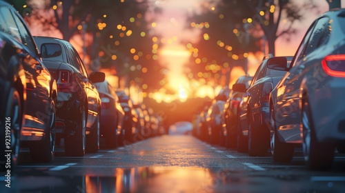 There is a row of cars in the outdoor parking lot. Used car sale and rental market, car parking lot, car dealership, dealer agent, and rebate incentive policie for the purchase of car concept.