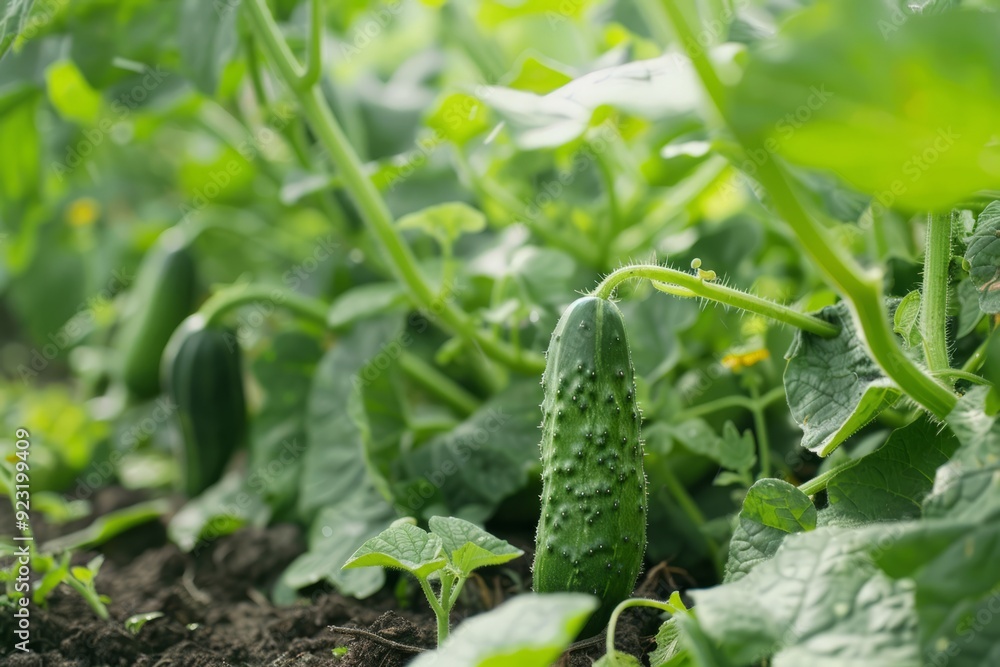 Obraz premium Harvest of green pimply cucumbers in the garden. The concept of growing vegetables without GMOs, small business development, vegetable growing. 