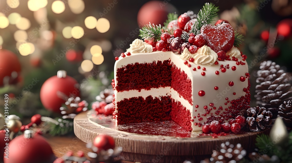 Red velvet cake ,A festive Christmas cake topped with fresh berries, and cream, beautifully decorated for the holidays Red velvet cake ,A festive Christmas cake topped with fresh berries, and cream, beautifully decorated for the holidays