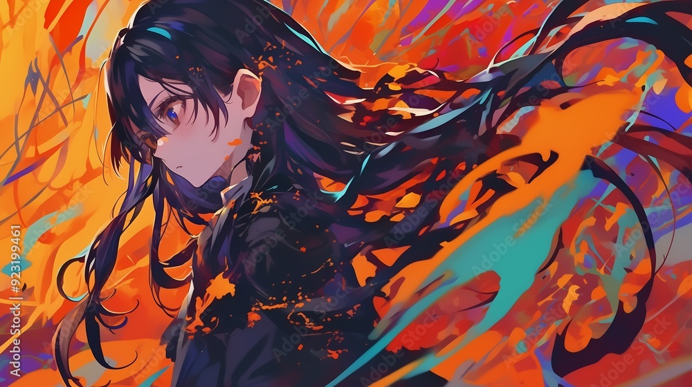 anime girl with long flowing black hair anime girl with long flowing black hair