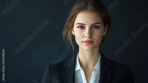 Confident businesswoman in a suit, facing the camera. Blank space on the left side for text or logos