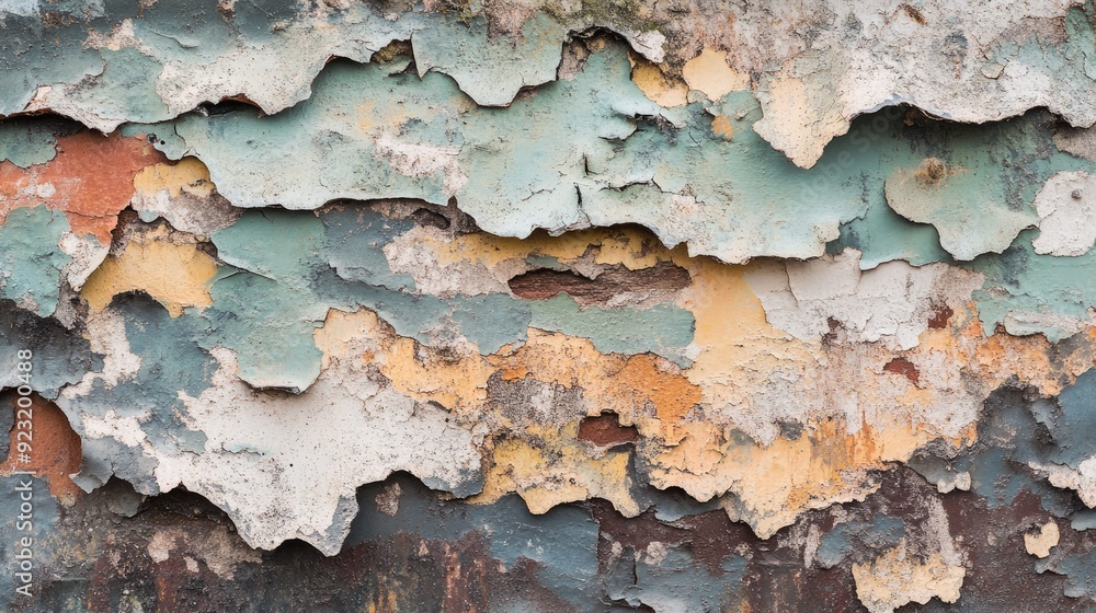 Detailed view of peeling paint on a rough wall surface, with layers of old colors revealing age and wear. Detailed view of peeling paint on a rough wall surface, with layers of old colors revealing age and wear.