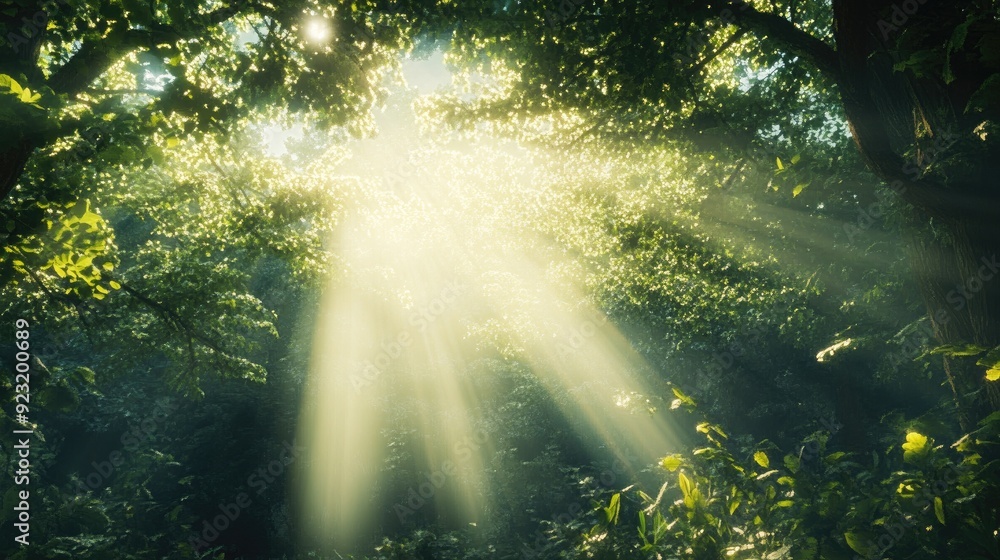 Fototapeta premium Enchanting forest scene with sun rays filtering through foliage. Ideal for adding text or logos