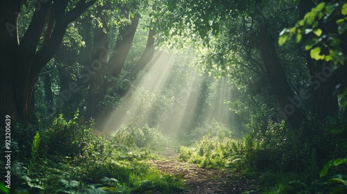 Enchanting forest scene with sun rays filtering through foliage. Ideal for adding text or logos