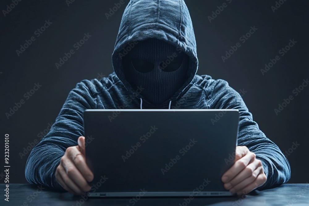 A hacker's hands typing on a laptop, with a faint reflection of a masked face on the screen, creating a sense of mystery. The composition provides ample copy space for messaging.
